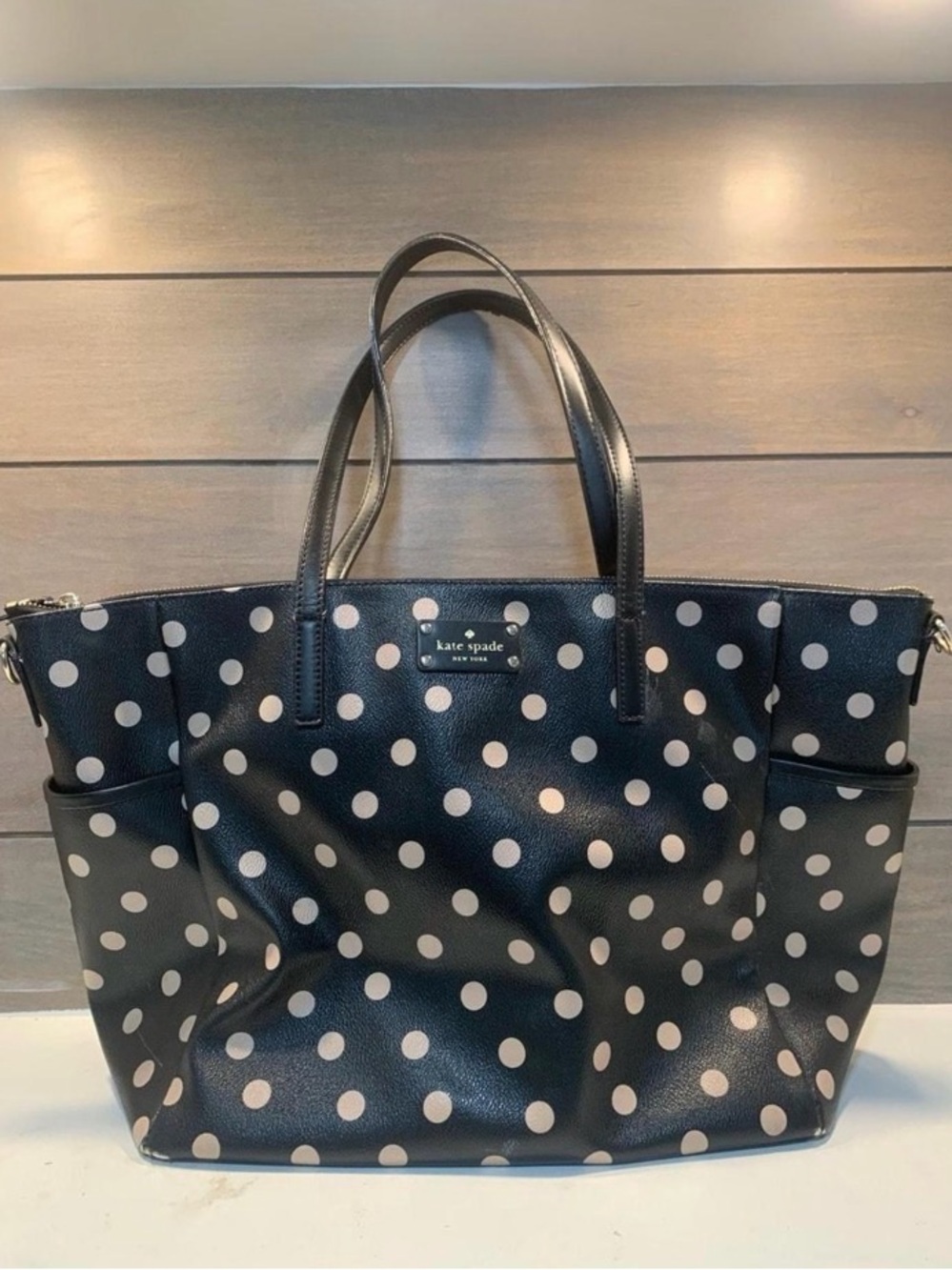 kate spade Black Diaper Bag Tote with Cream Polka Dots